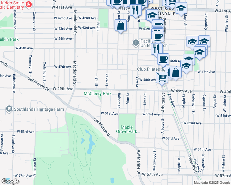 map of restaurants, bars, coffee shops, grocery stores, and more near 2436 West 49th Avenue in Vancouver