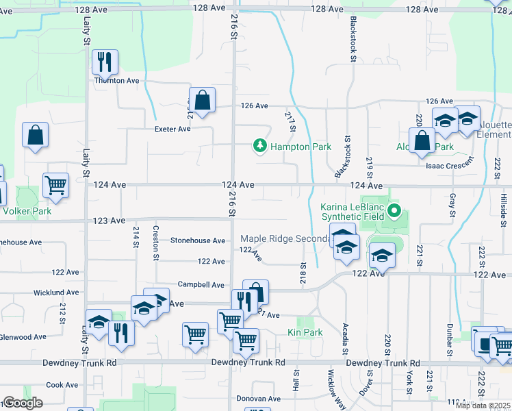 map of restaurants, bars, coffee shops, grocery stores, and more near 21654 Manor Avenue in Maple Ridge