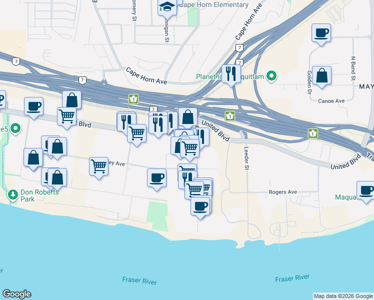 map of restaurants, bars, coffee shops, grocery stores, and more near 62 Fawcett Road in Coquitlam