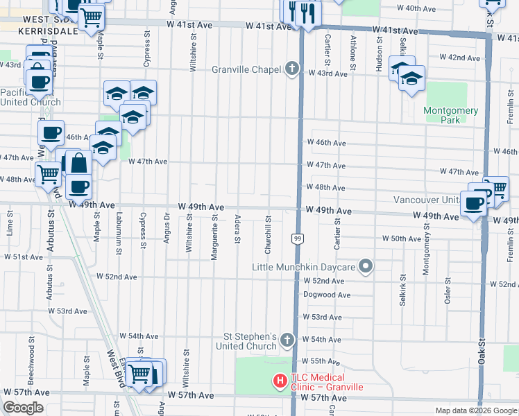 map of restaurants, bars, coffee shops, grocery stores, and more near West 49th Avenue in Vancouver