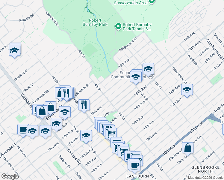 map of restaurants, bars, coffee shops, grocery stores, and more near 8032 18th Avenue in Burnaby