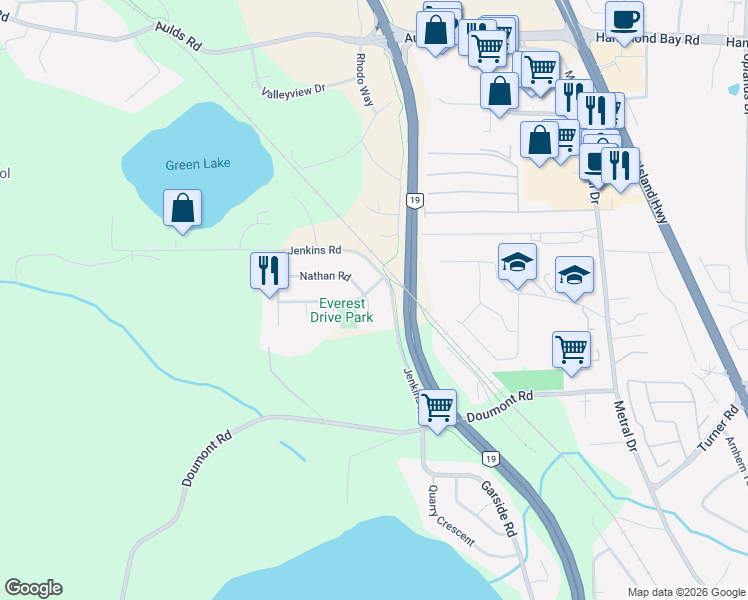 map of restaurants, bars, coffee shops, grocery stores, and more near 6598 Nathan Road in Nanaimo