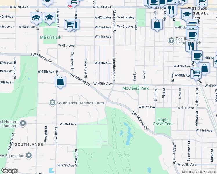 map of restaurants, bars, coffee shops, grocery stores, and more near 2826 West 49th Avenue in Vancouver