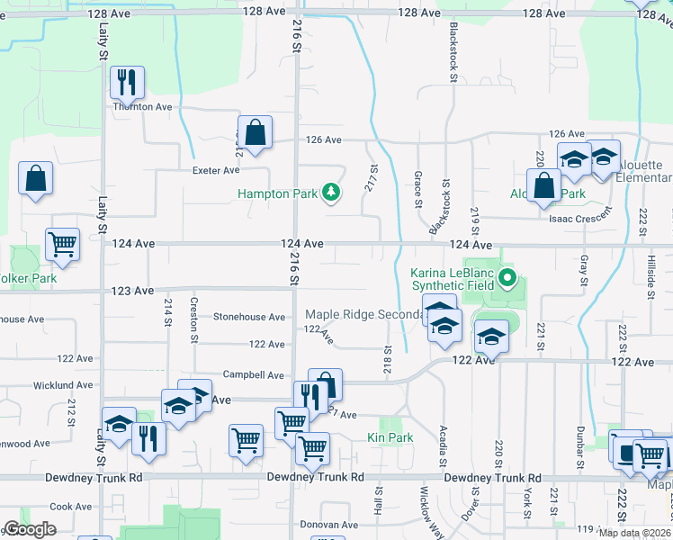 map of restaurants, bars, coffee shops, grocery stores, and more near 21674 Manor Avenue in Maple Ridge