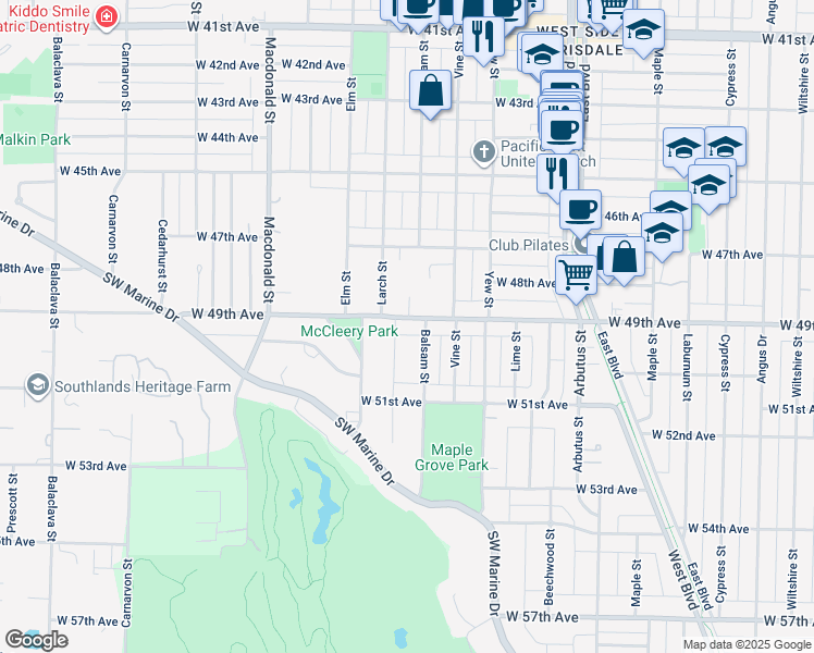 map of restaurants, bars, coffee shops, grocery stores, and more near 2452 West 49th Avenue in Vancouver