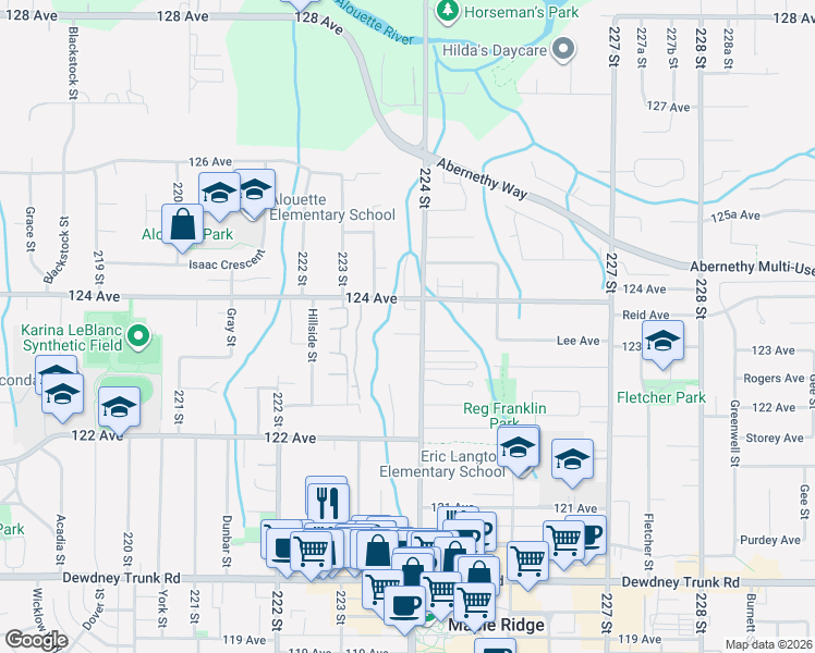 map of restaurants, bars, coffee shops, grocery stores, and more near 12367 224 Street in Maple Ridge