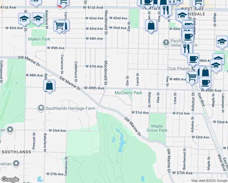 map of restaurants, bars, coffee shops, grocery stores, and more near 2716 West 49th Avenue in Vancouver