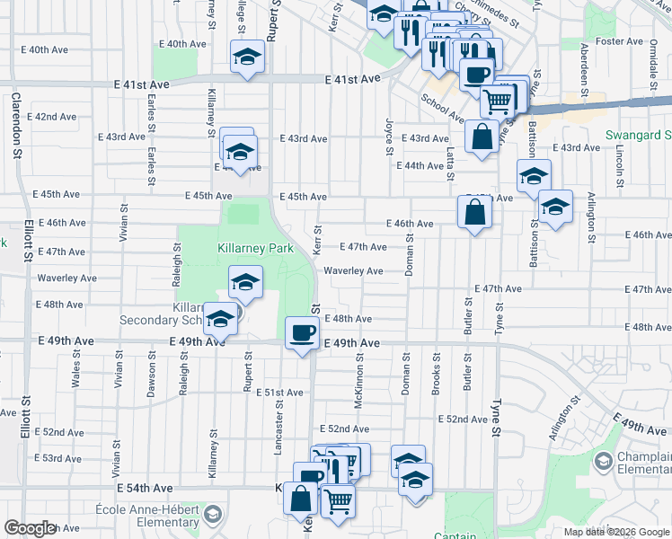 map of restaurants, bars, coffee shops, grocery stores, and more near in Vancouver