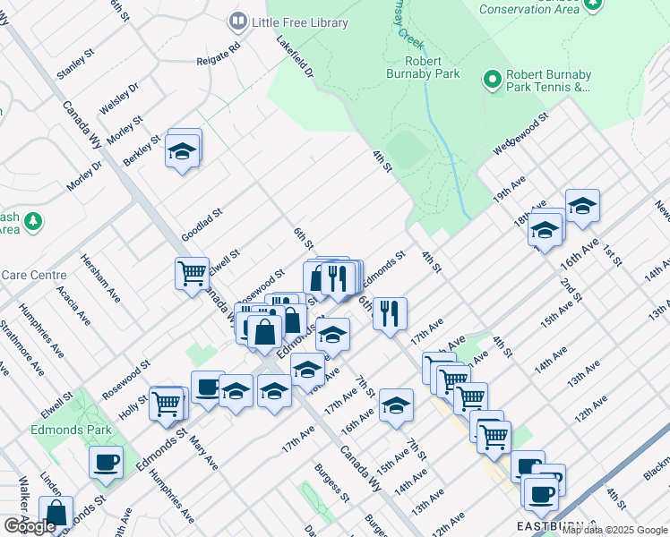 map of restaurants, bars, coffee shops, grocery stores, and more near 7148 6th Street in Burnaby