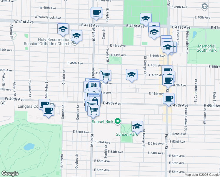 map of restaurants, bars, coffee shops, grocery stores, and more near 6360 Sophia Street in Vancouver