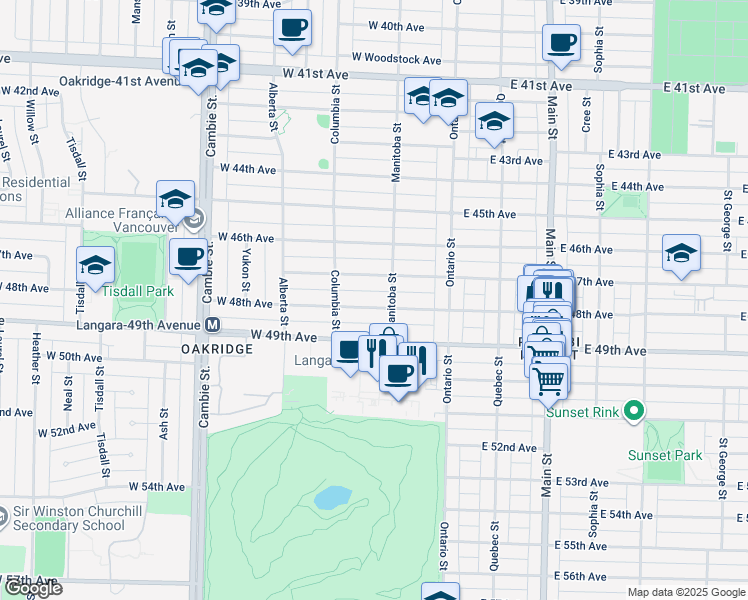 map of restaurants, bars, coffee shops, grocery stores, and more near 131 West 48th Avenue in Vancouver