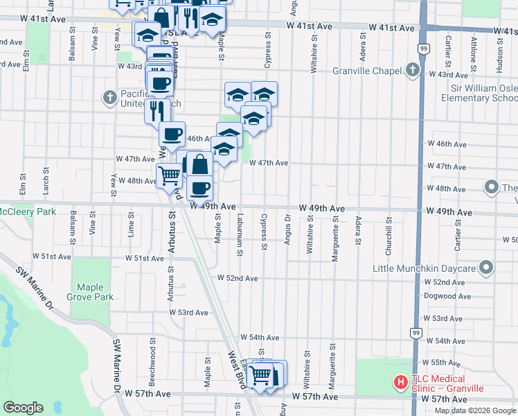map of restaurants, bars, coffee shops, grocery stores, and more near 6507 Cypress Street in Vancouver