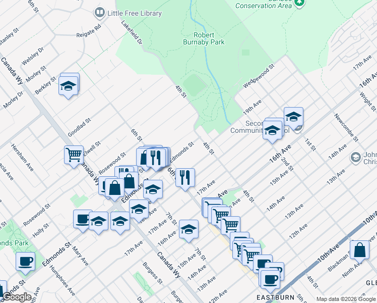 map of restaurants, bars, coffee shops, grocery stores, and more near 7962 Edmonds Street in Burnaby