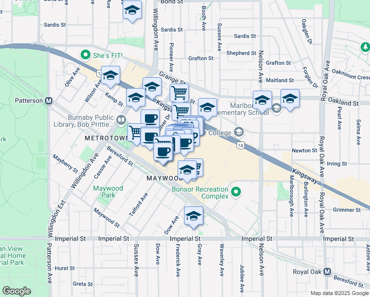 map of restaurants, bars, coffee shops, grocery stores, and more near 4700 Kingsway in Burnaby