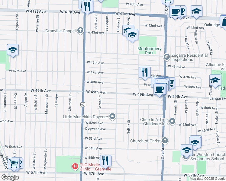 map of restaurants, bars, coffee shops, grocery stores, and more near 1323 West 49th Avenue in Vancouver