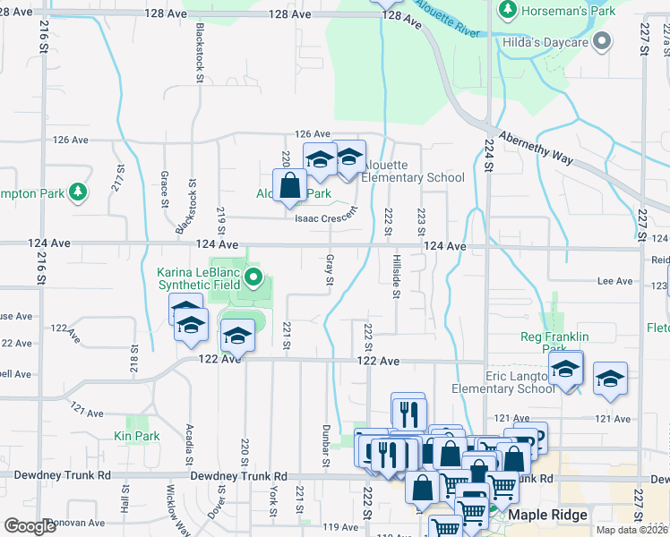 map of restaurants, bars, coffee shops, grocery stores, and more near 12362 Gray Street in Maple Ridge