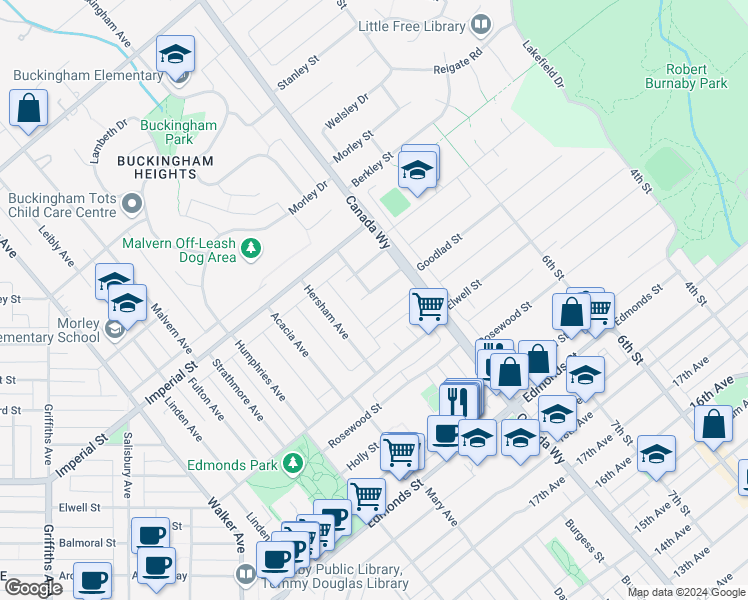 map of restaurants, bars, coffee shops, grocery stores, and more near 7630 Formby Street in Burnaby