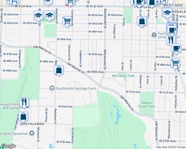 map of restaurants, bars, coffee shops, grocery stores, and more near 2898 West 49th Avenue in Vancouver
