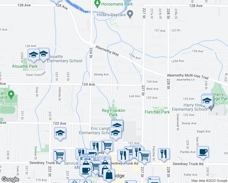 map of restaurants, bars, coffee shops, grocery stores, and more near 12380 Edge Street in Maple Ridge