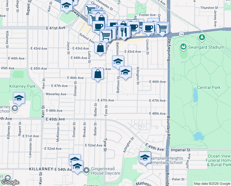 map of restaurants, bars, coffee shops, grocery stores, and more near 6287 Battison Street in Vancouver