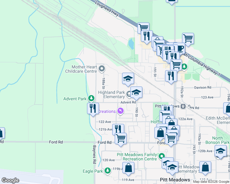 map of restaurants, bars, coffee shops, grocery stores, and more near 12357 189A Street in Pitt Meadows