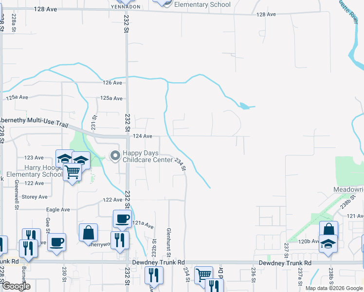 map of restaurants, bars, coffee shops, grocery stores, and more near 23376 124 Avenue in Maple Ridge