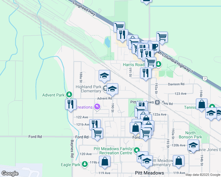 map of restaurants, bars, coffee shops, grocery stores, and more near 12349 Nikola Street in Pitt Meadows