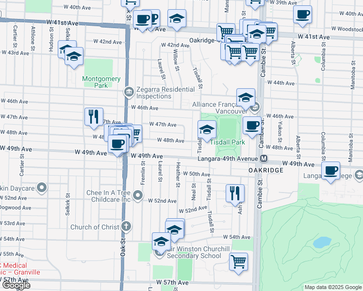 map of restaurants, bars, coffee shops, grocery stores, and more near 760 West 48th Avenue in Vancouver