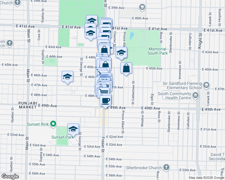 map of restaurants, bars, coffee shops, grocery stores, and more near 6327 Chester Street in Vancouver
