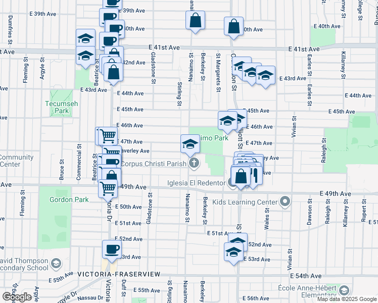 map of restaurants, bars, coffee shops, grocery stores, and more near Waverley Avenue in Vancouver