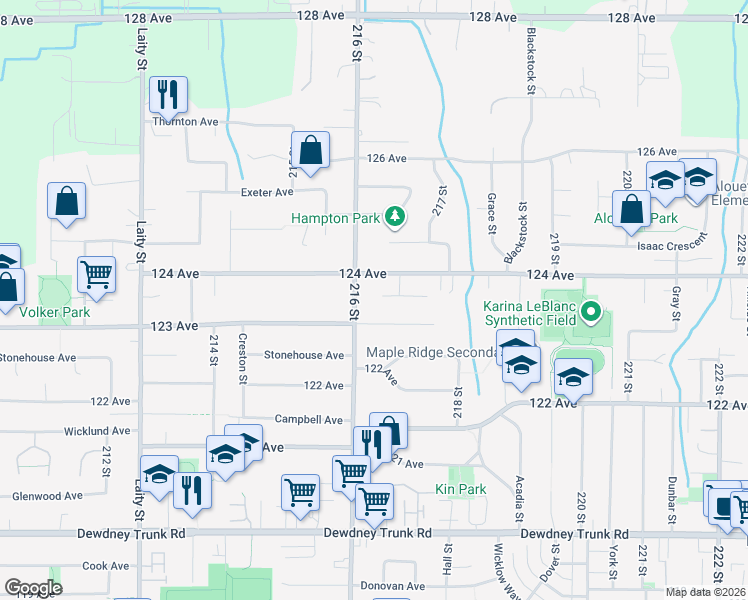 map of restaurants, bars, coffee shops, grocery stores, and more near 21634 Manor Avenue in Maple Ridge