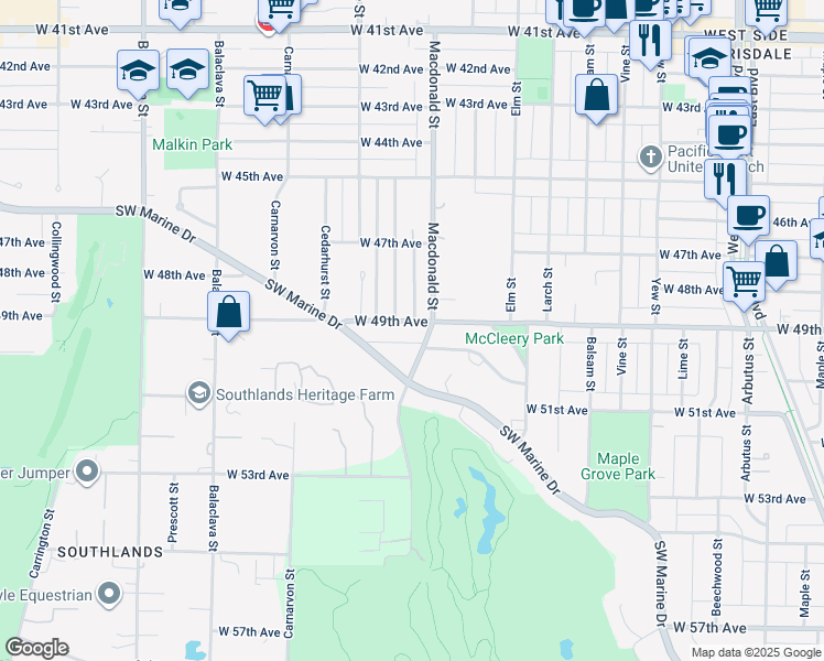 map of restaurants, bars, coffee shops, grocery stores, and more near 2826 West 49th Avenue in Vancouver
