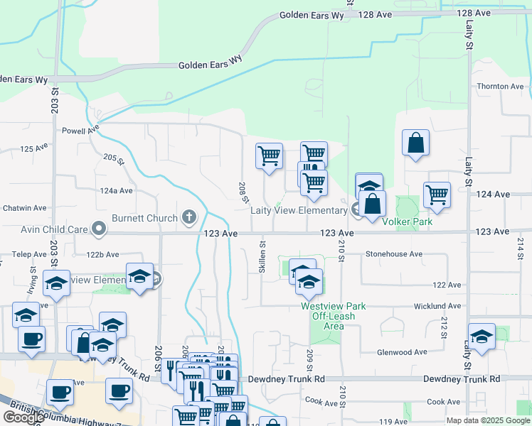 map of restaurants, bars, coffee shops, grocery stores, and more near 12335 Skillen Street in Maple Ridge