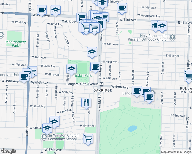 map of restaurants, bars, coffee shops, grocery stores, and more near 6383 Cambie Street in Vancouver