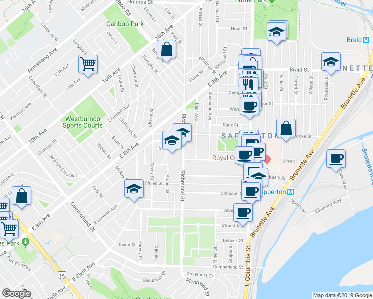 map of restaurants, bars, coffee shops, grocery stores, and more near 330 Richmond Street in New Westminster