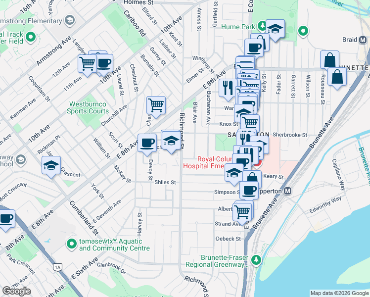 map of restaurants, bars, coffee shops, grocery stores, and more near 330 Richmond Street in New Westminster