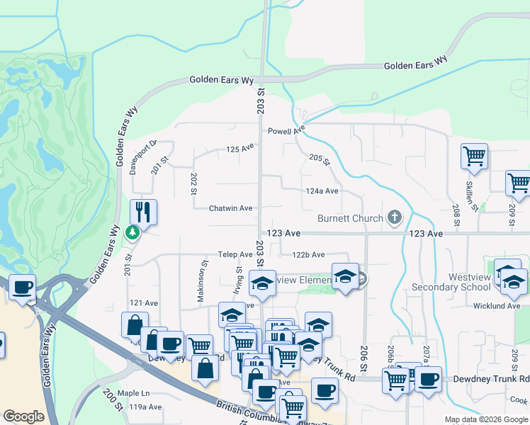 map of restaurants, bars, coffee shops, grocery stores, and more near in Maple Ridge