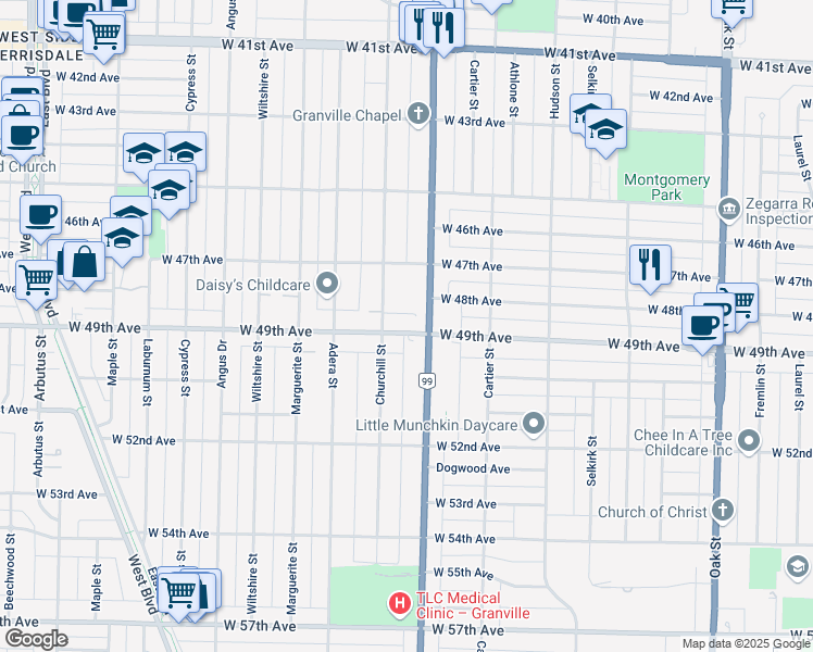 map of restaurants, bars, coffee shops, grocery stores, and more near 1545 West 49th Avenue in Vancouver