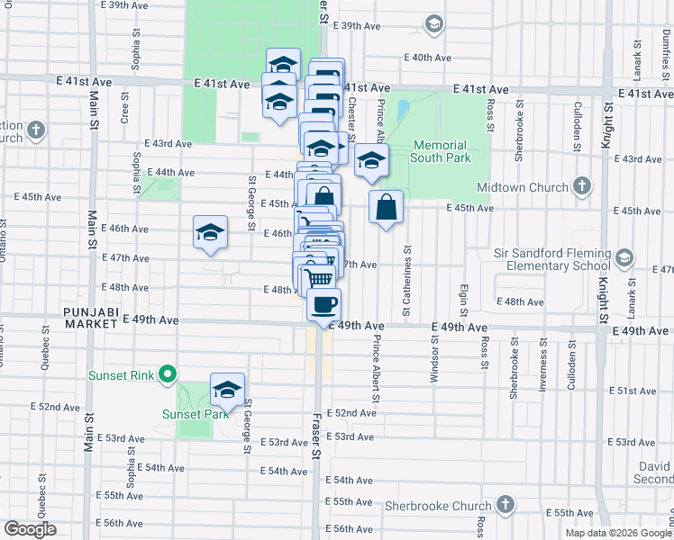 map of restaurants, bars, coffee shops, grocery stores, and more near 748 East 47th Avenue in Vancouver