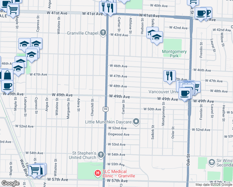 map of restaurants, bars, coffee shops, grocery stores, and more near 1441 West 49th Avenue in Vancouver