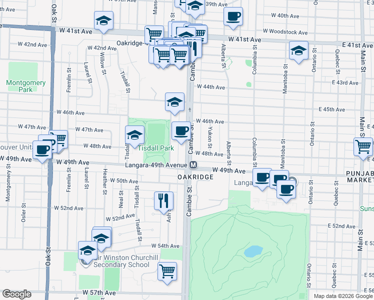 map of restaurants, bars, coffee shops, grocery stores, and more near 6383 Cambie Street in Vancouver