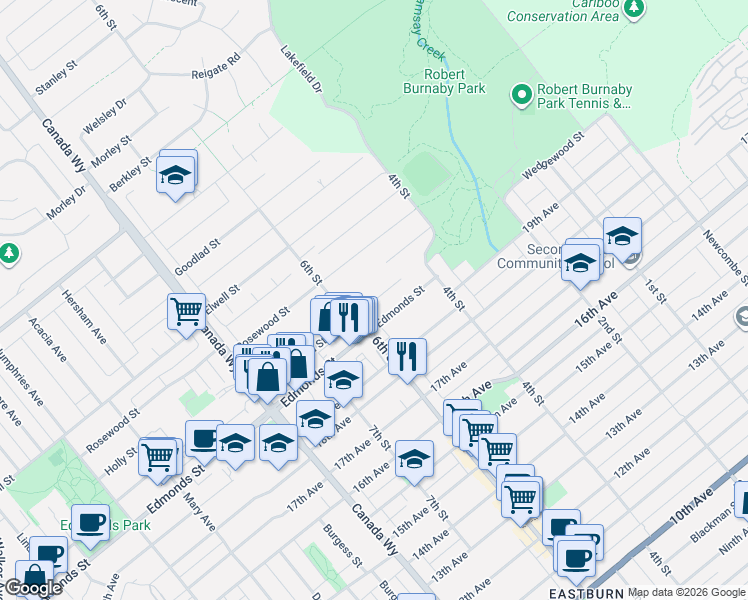 map of restaurants, bars, coffee shops, grocery stores, and more near Wedgewood Street in Burnaby