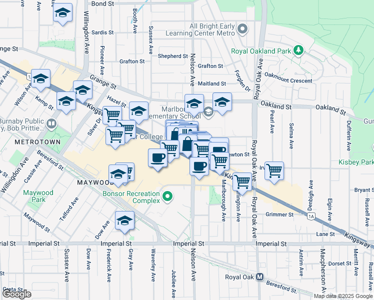 map of restaurants, bars, coffee shops, grocery stores, and more near 4885 Kingsway in Burnaby