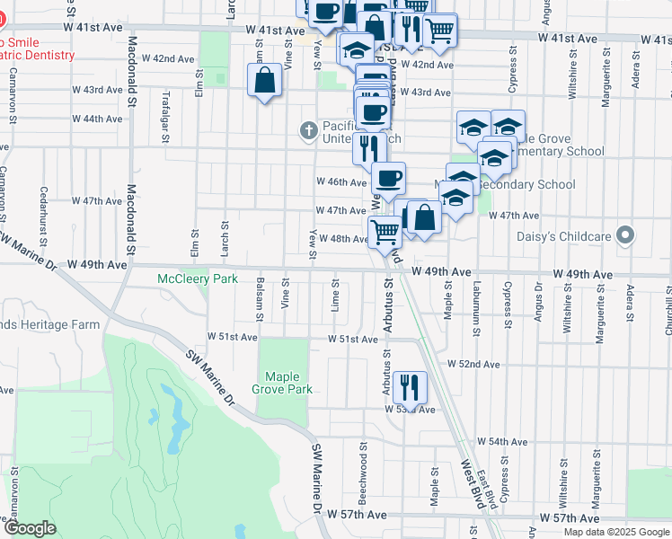 map of restaurants, bars, coffee shops, grocery stores, and more near 6510 Lime Street in Vancouver