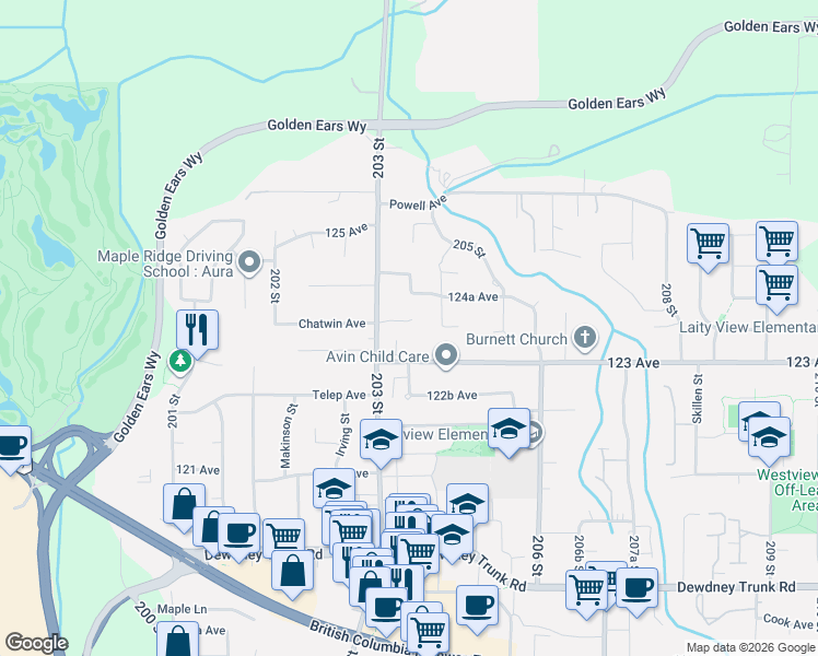 map of restaurants, bars, coffee shops, grocery stores, and more near 20316 123B Avenue in Maple Ridge
