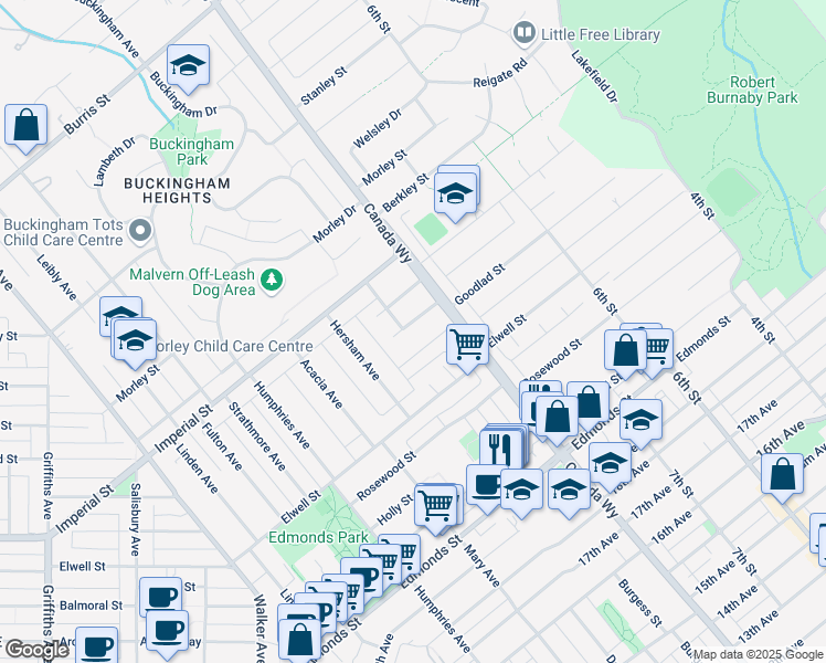 map of restaurants, bars, coffee shops, grocery stores, and more near 7644 Formby Street in Burnaby