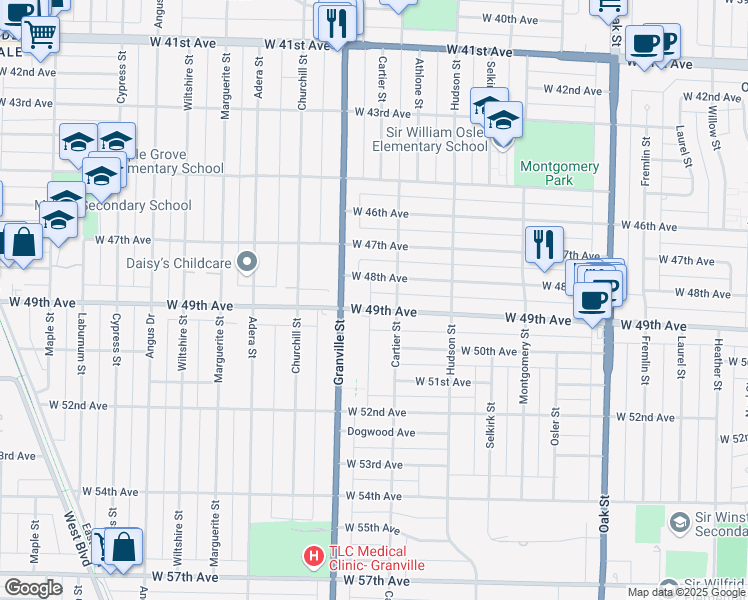 map of restaurants, bars, coffee shops, grocery stores, and more near 1441 West 49th Avenue in Vancouver