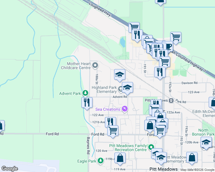map of restaurants, bars, coffee shops, grocery stores, and more near 12357 189A Street in Pitt Meadows