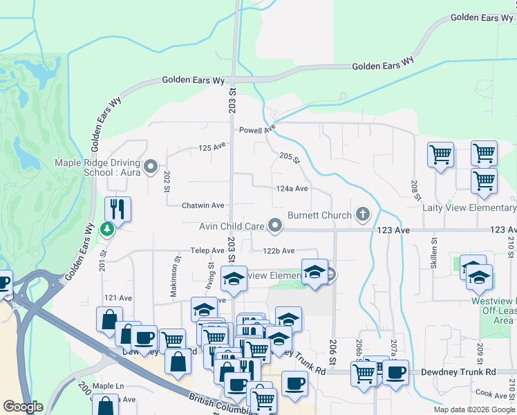 map of restaurants, bars, coffee shops, grocery stores, and more near 20316 123 Avenue in Maple Ridge