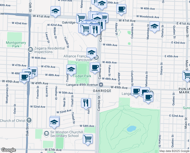 map of restaurants, bars, coffee shops, grocery stores, and more near 6409 Cambie Street in Vancouver